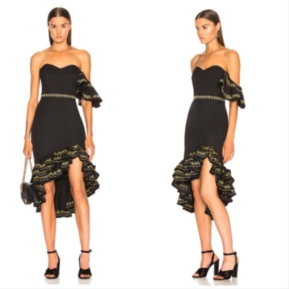 Caroline Constas Black Gold Cam Ruffle Embroidered Dress XS 0